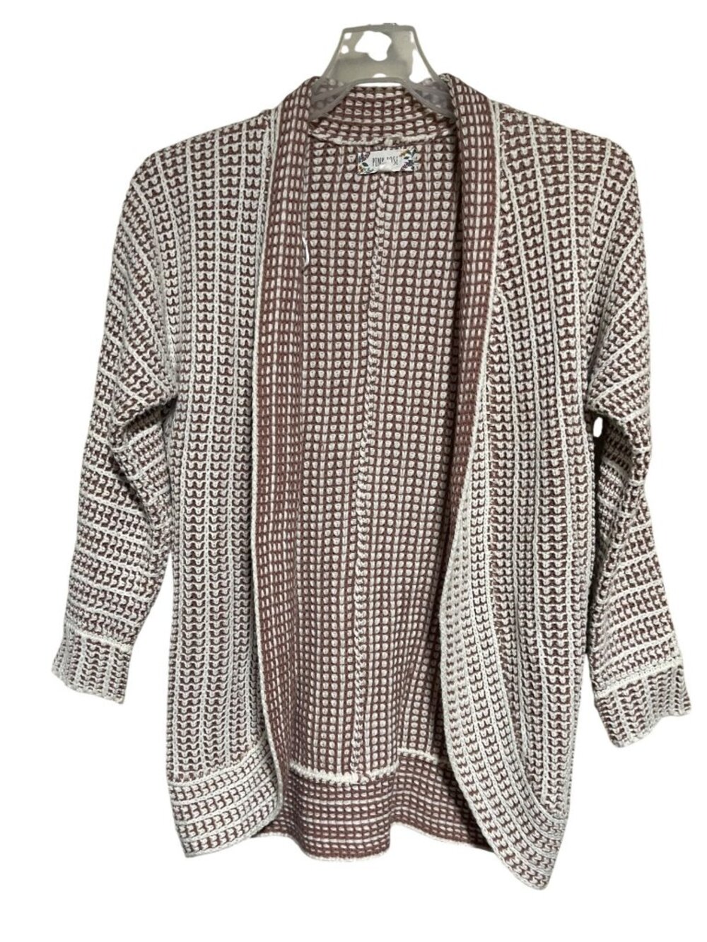 Womens Mauve & White Open Front Cardigan Sz M Acrylic Knit Cozy Casual Layering